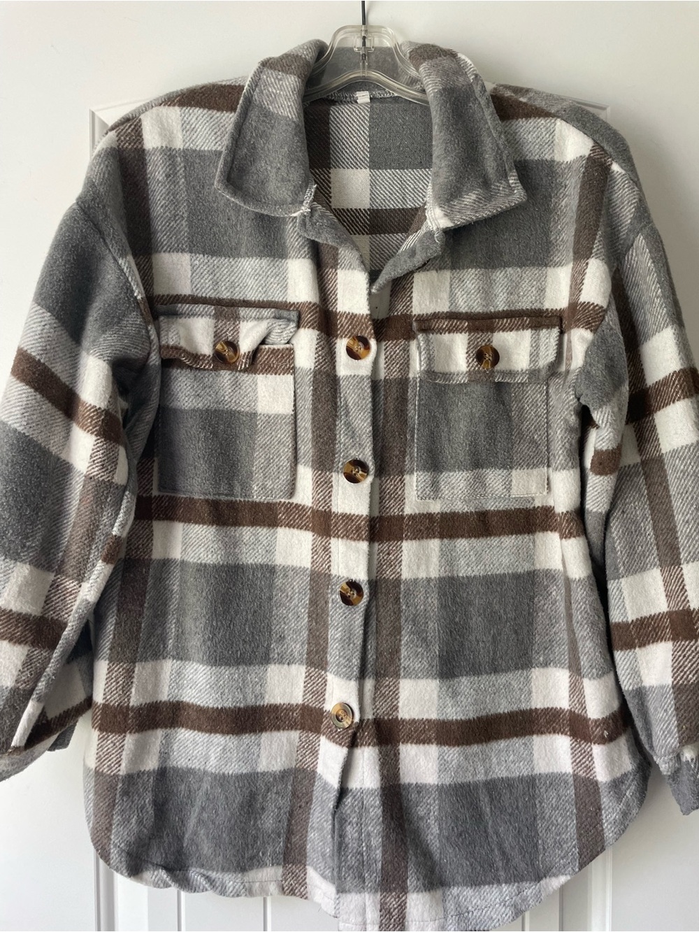 Plaid Shacket Jacket - Gray, White & Brown